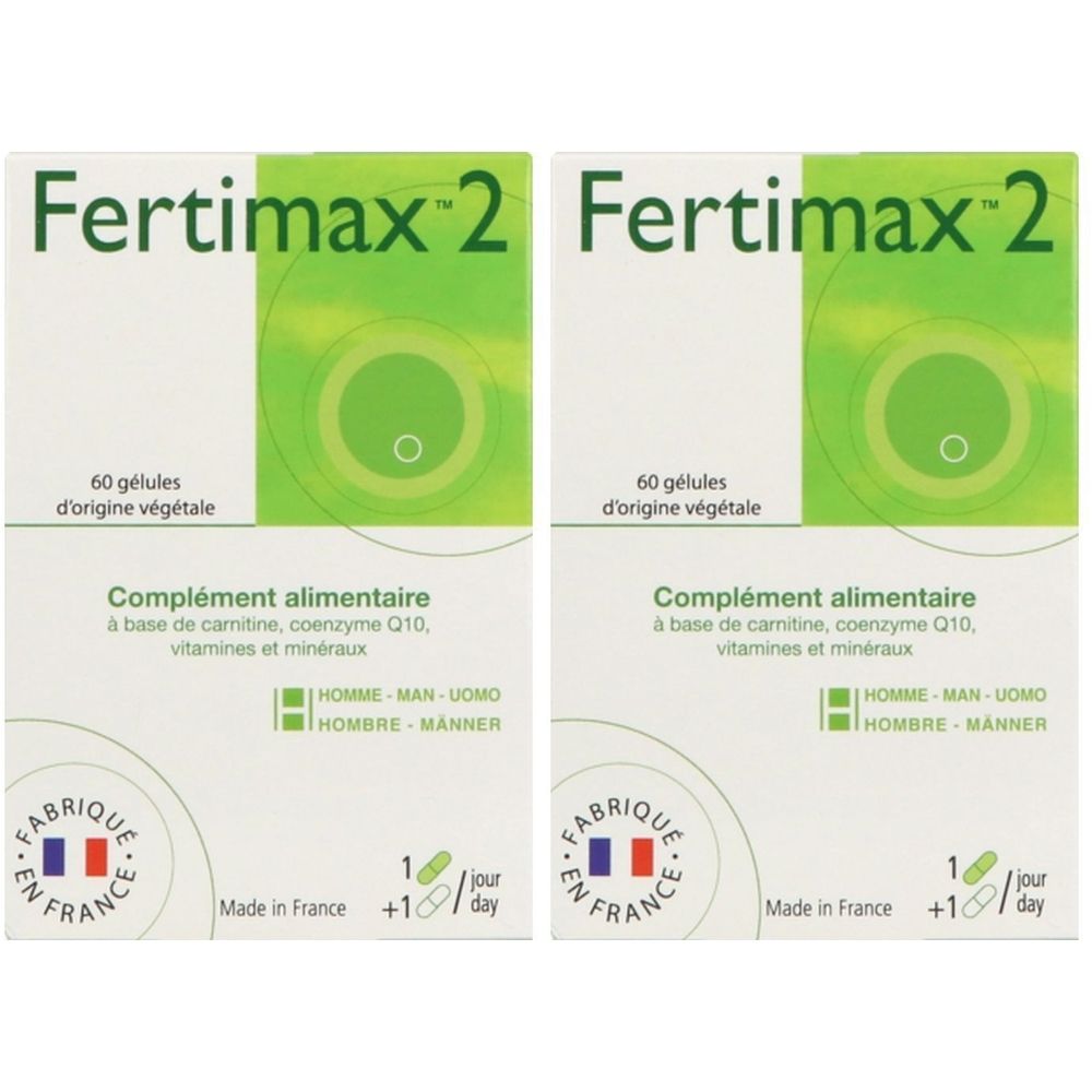 Deux boîtes de Fertimax 2. Boîtes blanches avec accents verts. Inscription: 60 gélules, complément alimentaire pour hommes.