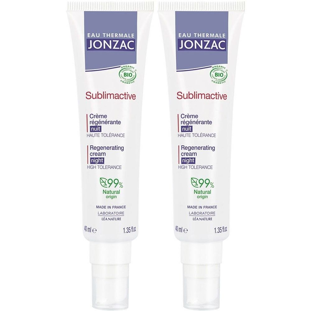 Deux tubes blancs avec texte bleu et rouge. Inscription: Sublimactive, Crème régénérante nuit, 99% Natural origin.