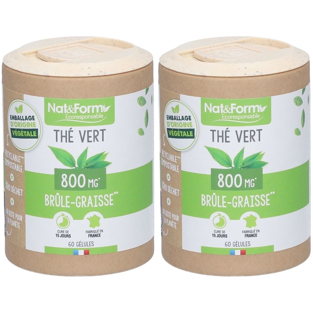 Deux boîtes cylindriques avec étiquette verte. Inscription : Thé Vert, 800 mg, Brûle-Graisse. Emballage d'origine végétale.
