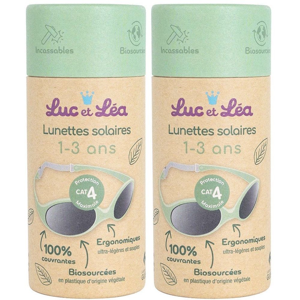 Deux tubes de lunettes de soleil Luc et Léa, 1-3 ans. Protection CAT 4. Biosourcées en plastique végétal. Inscription: Incassables.