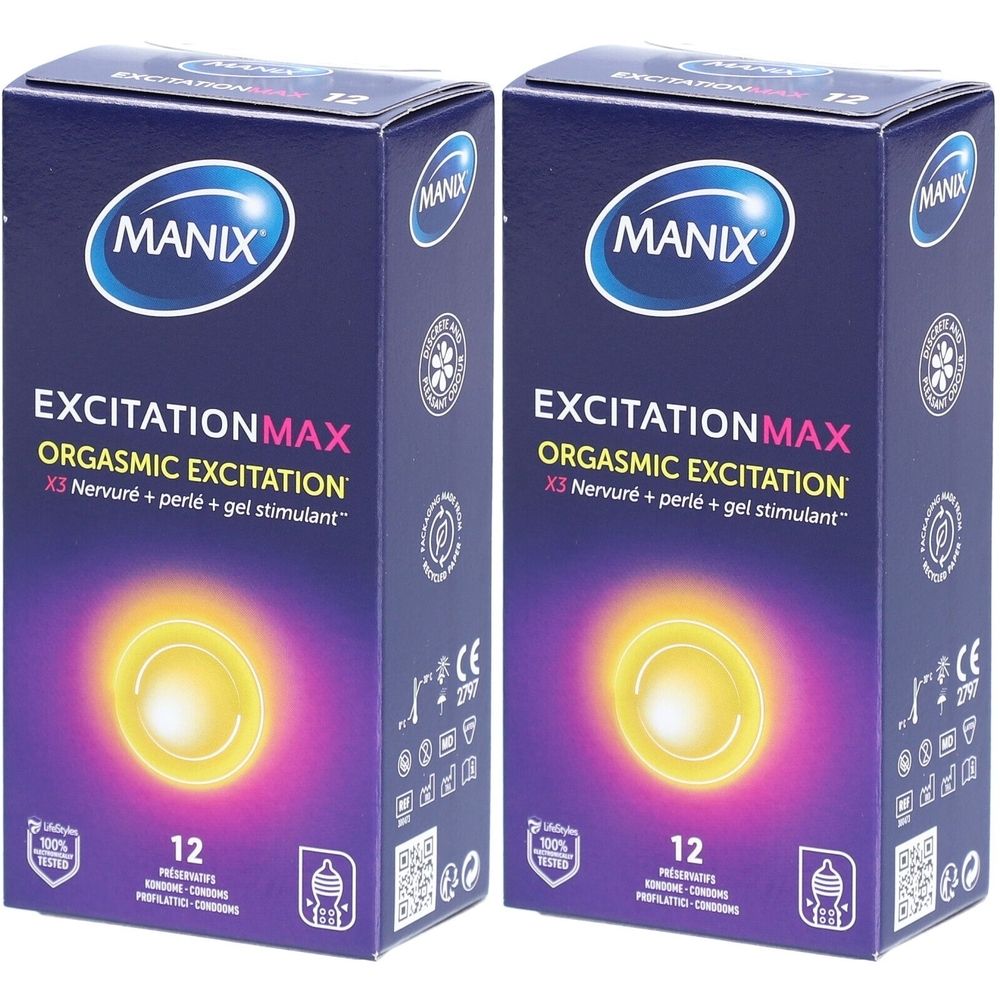Deux boîtes "MANIX EXCITATION MAX". Chaque boîte affiche "12".