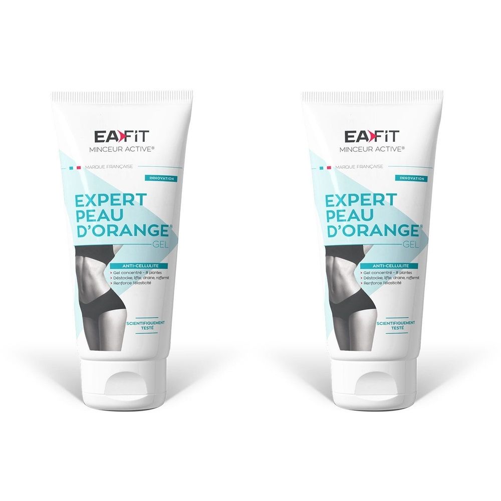 Deux tubes de gel. Inscription: EA Fit, Expert Peau D'Orange Gel. Illustration d'une femme.