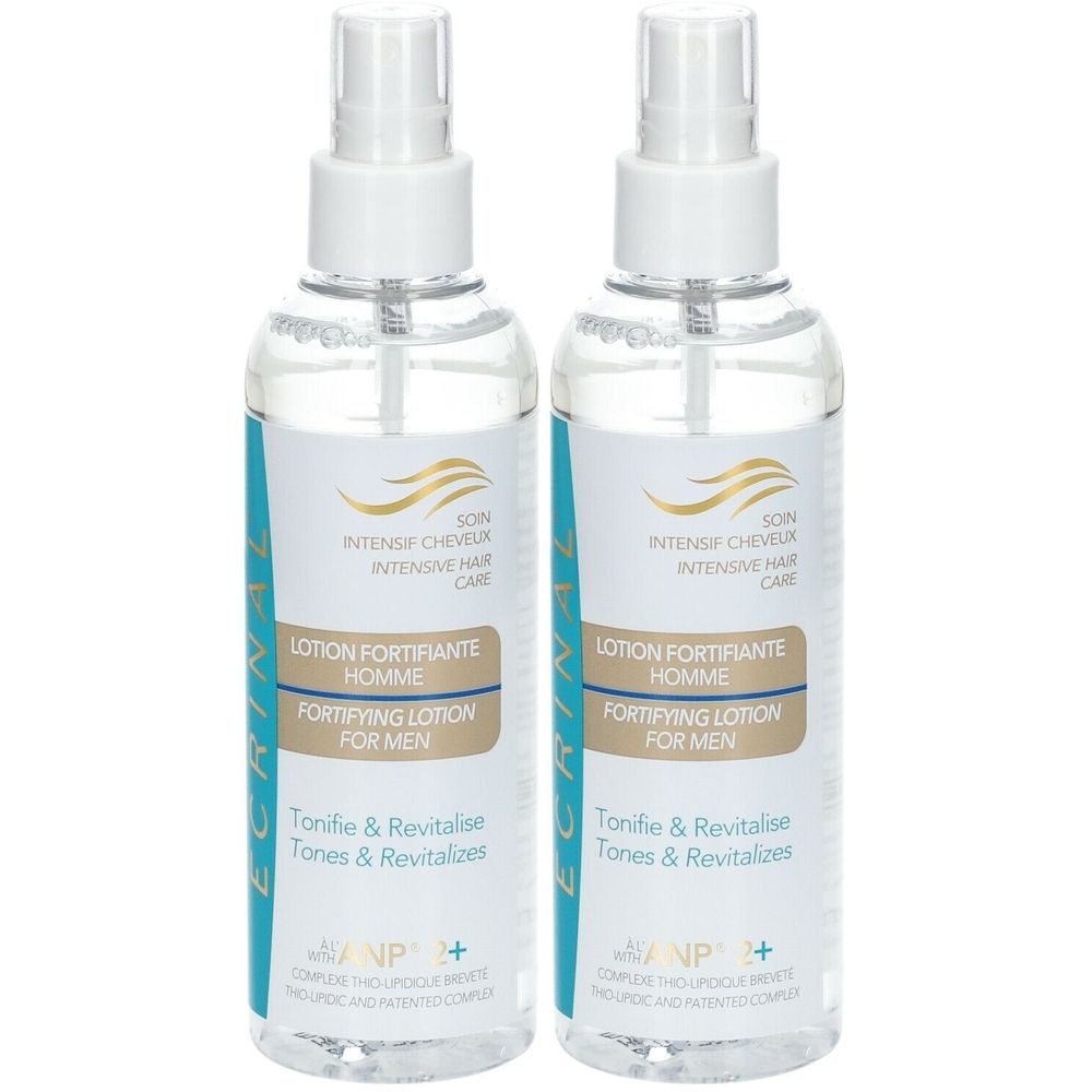Deux flacons transparents avec vaporisateur. Inscription: Lotion Fortifiante Homme, ECRINAL, ANP 2+.