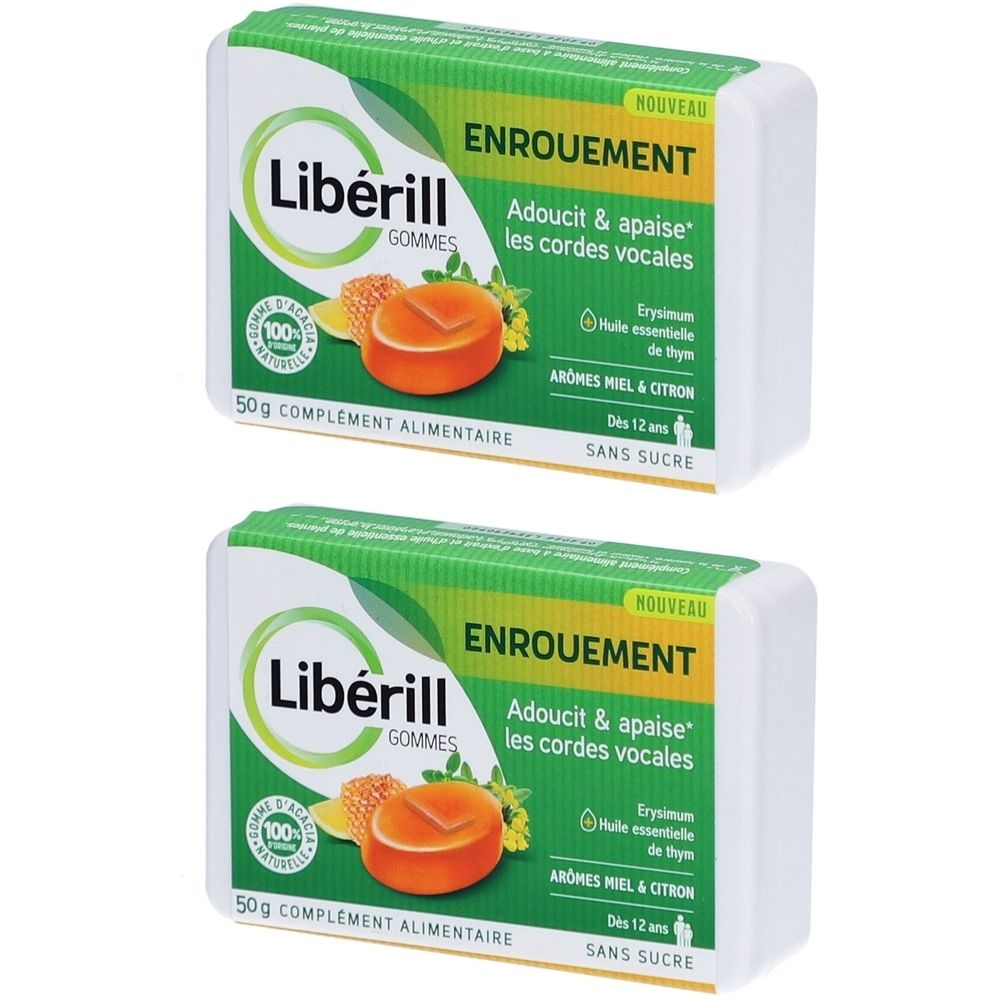 Deux boîtes de LIBERILL Enrouement. Emballage blanc avec design vert et jaune. Contient des gommes. Texte: Adoucit & apaise les cordes vocales.