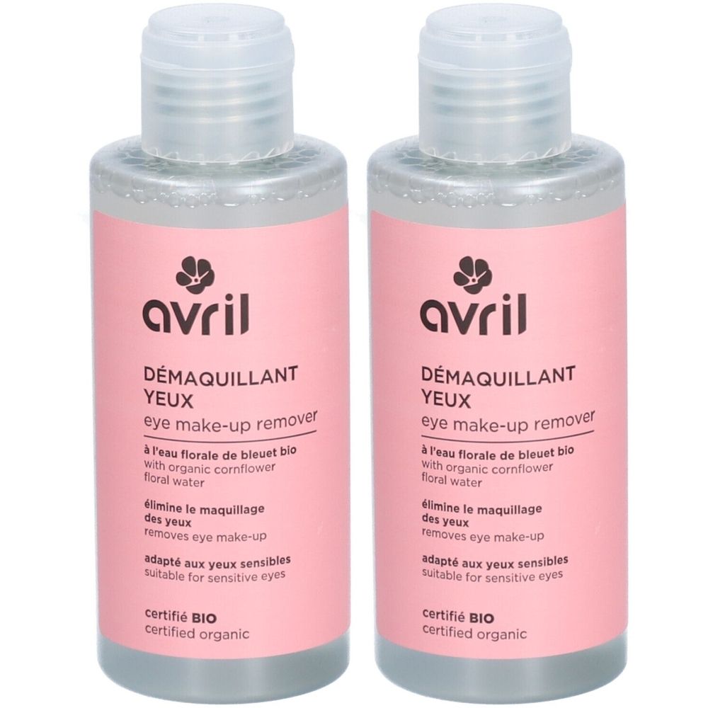 Deux flacons de démaquillant pour les yeux. Étiquette rose avec texte et logo. Produit certifié bio.