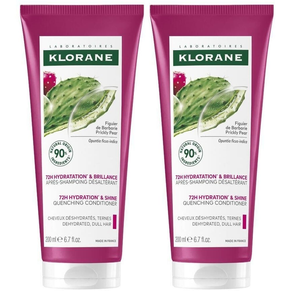 Deux tubes de revitalisant Klorane. Tubes rose-violet avec étiquette blanche. Nom du produit et illustration de figue de Barbarie.