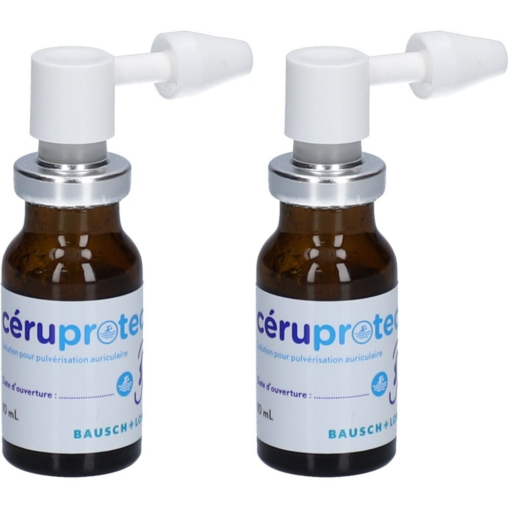 Deux flacons bruns avec pulvérisateur blanc. Inscription : Céruprotect, solution pour pulvérisation auriculaire. Marque : Bausch + Lomb.