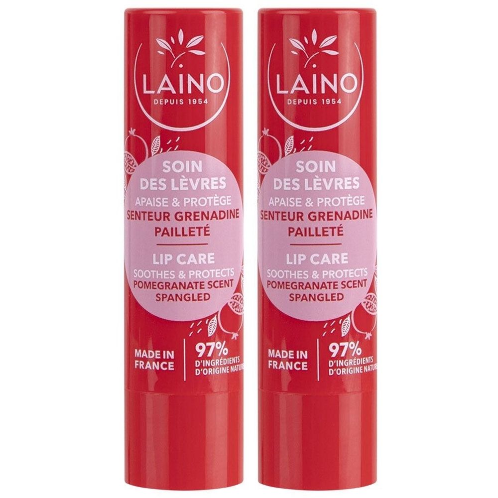 Deux sticks à lèvres rouges. Inscription: LAINO, Soin des Lèvres, Grenadine, Pailleté. 97% d'ingrédients d'origine naturelle. Fabriqué en France.