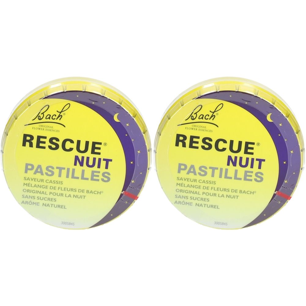 Deux boîtes rondes en métal "Bach Rescue Nuit Pastilles". Fond jaune, motif nuit violet, texte noir et blanc.
