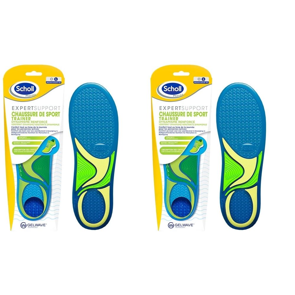 Deux semelles intérieures de sport. Dessus bleu avec accents jaunes et verts. Emballage avec logo Scholl et nom du produit.
