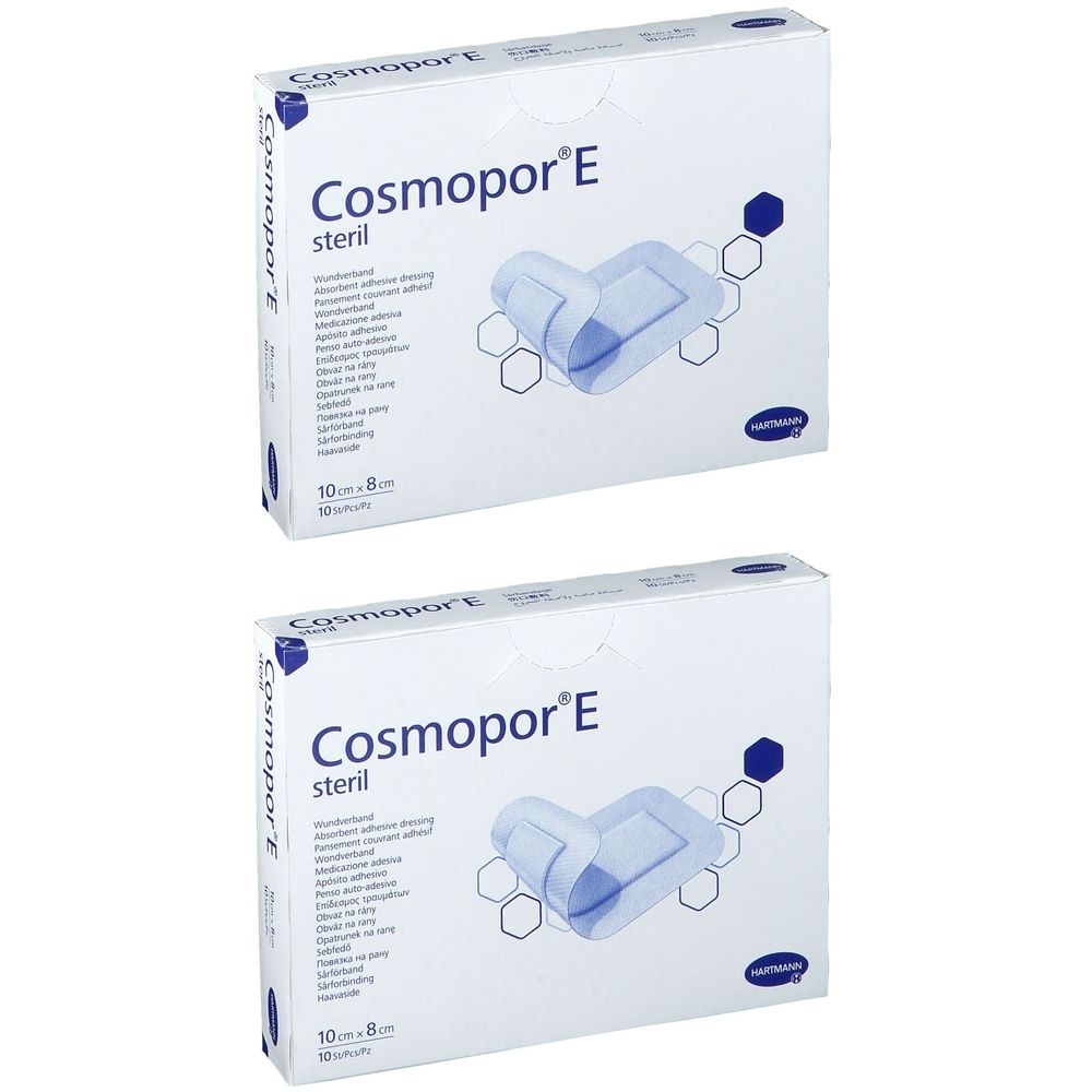Deux boîtes de Cosmopor E stérile. Dimensions : 10 cm x 8 cm. Emballage avec illustration du produit et logo du fabricant.