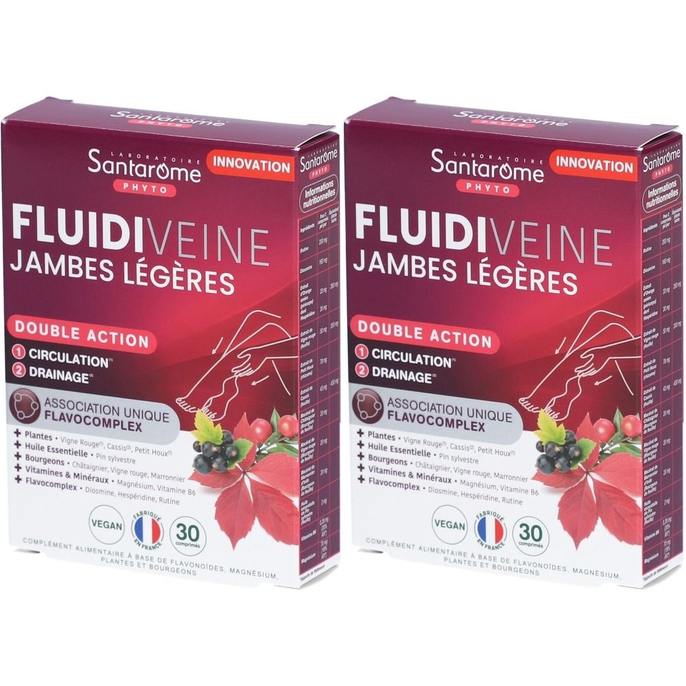 Deux boîtes "FLUIDIVEINE JAMBES LÉGÈRES". Double action : circulation et drainage. Vegan, 30 comprimés.