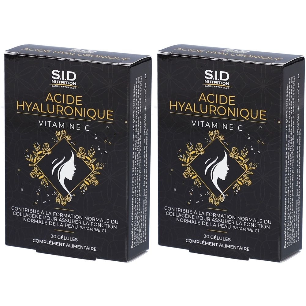 Deux boîtes de "SID Nutrition Acide Hyaluronique Vitamine C". Emballage noir avec des accents dorés et du texte.