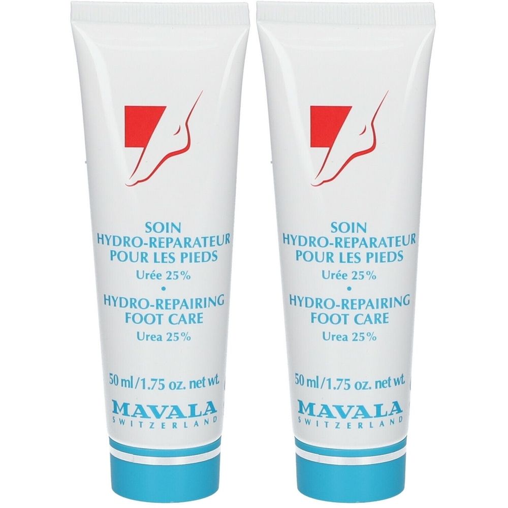 Deux tubes de crème pour les pieds. Blancs, accents rouges et illustration de pied. Texte: Soin Hydro-Réparateur, Urée 25%, MAVALA.