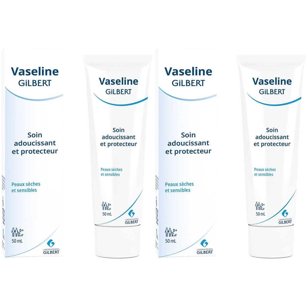 Quatre tubes de Vaseline GILBERT. Inscription : Soin adoucissant et protecteur. Pour peaux sèches et sensibles. 50 ml.