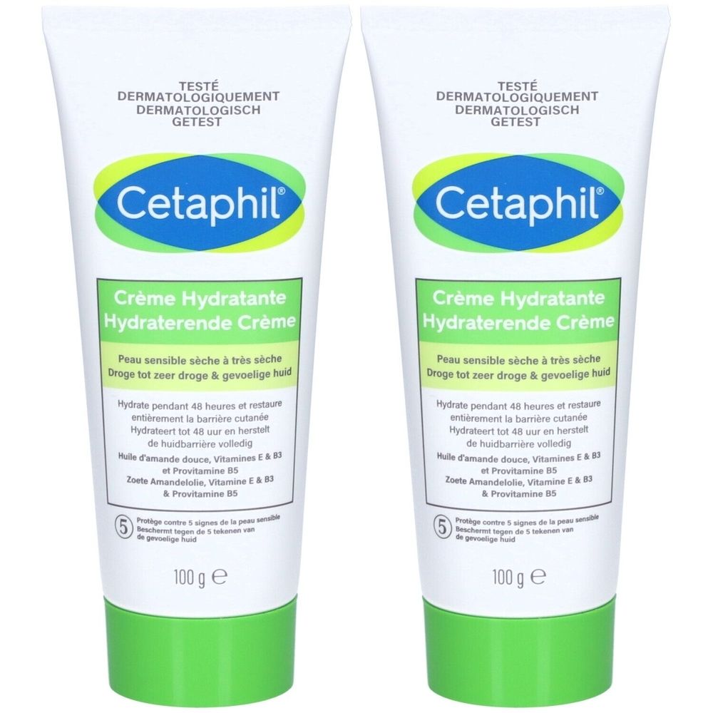 Deux tubes de Cetaphil Crème Hydratante. Tubes blancs avec accents verts et bleus. Texte: Crème Hydratante, pour peaux sèches. 100 g.