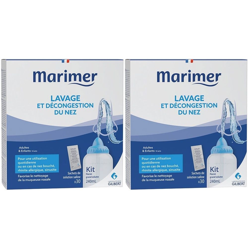 Deux boîtes de kit de lavage nasal Marimer. Emballage bleu et blanc avec nom du produit et illustration. Contient flacon et sachets.