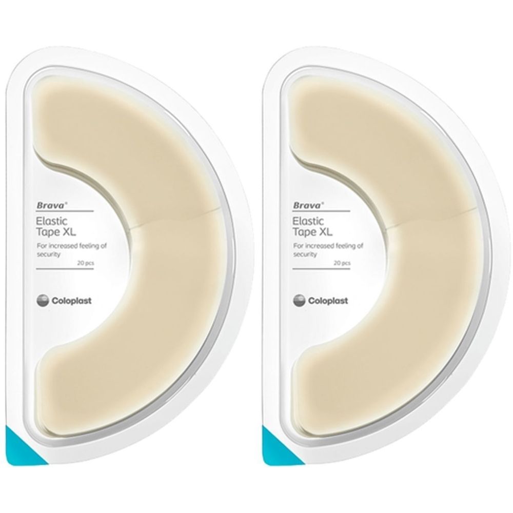 Deux emballages de Brava Elastic Tape XL. Chaque emballage contient un pansement beige semi-circulaire. Inscription : Coloplast, Brava, Elastic Tape XL.