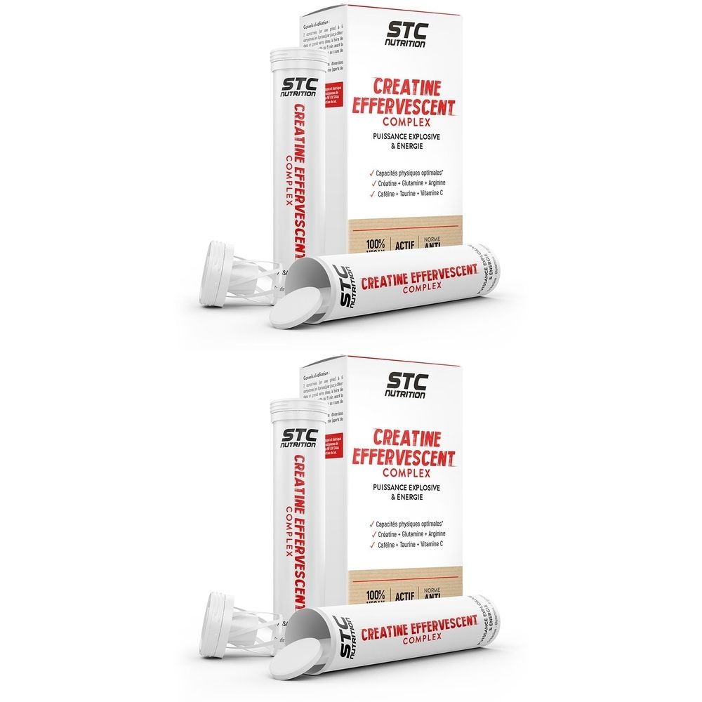Deux tubes et une boîte de STC Nutrition Creatine Effervescent Complex. Inscription : Creatine Effervescent Complex.