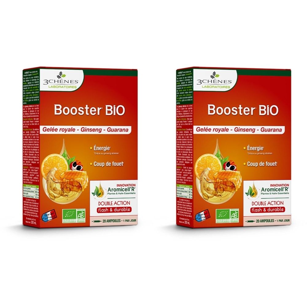 Deux boîtes identiques. Inscription: Booster BIO, Gelée royale, Ginseng, Guarana. Avec label bio. Double action.