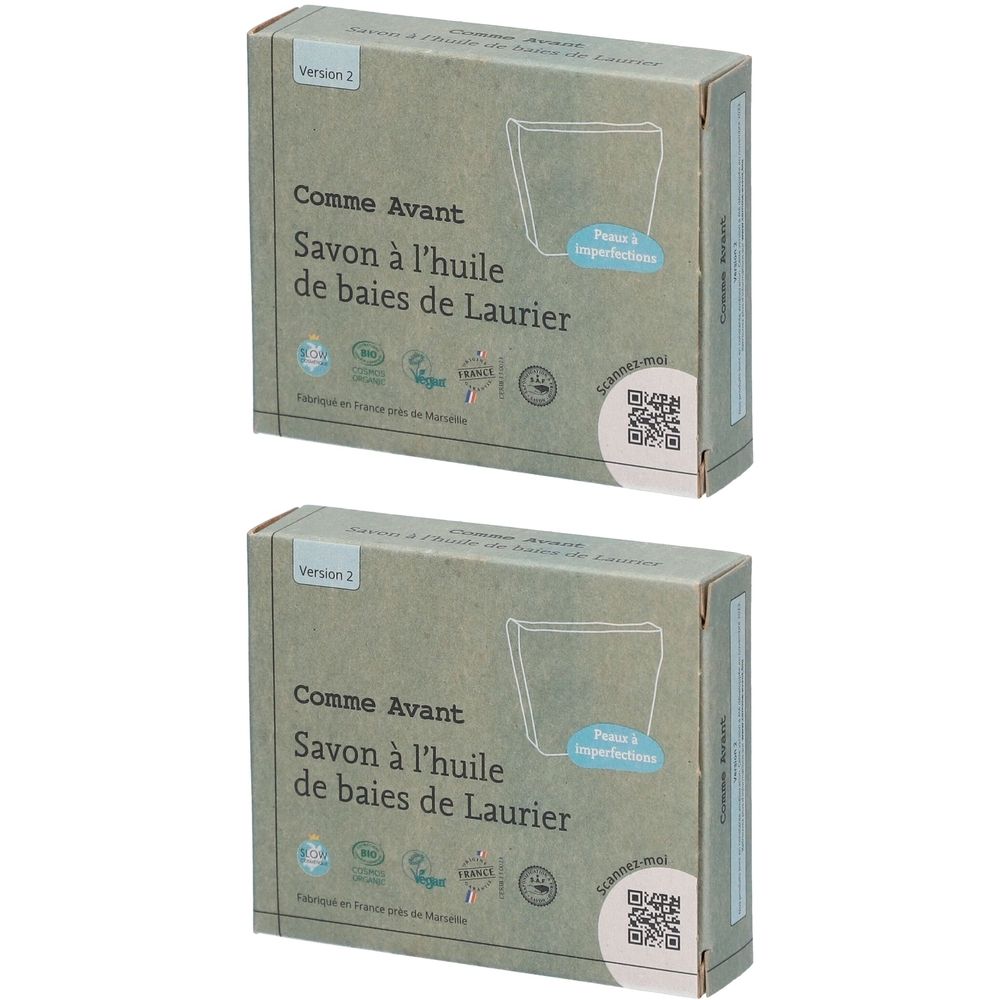 Deux boîtes "Comme Avant Savon à l'huile de baies de Laurier". Inscriptions : logos, QR code, "Version 2". Couleur : beige.