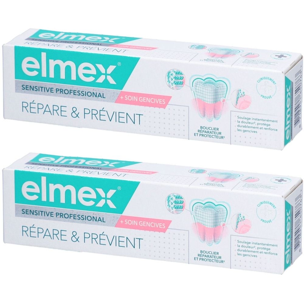 Deux boîtes blanches avec le mot "elmex". Texte : "SENSITIVE PROFESSIONAL", "RÉPARE & PRÉVIENT" et "+ SOIN GENCIVES". Illustration d'une dent.