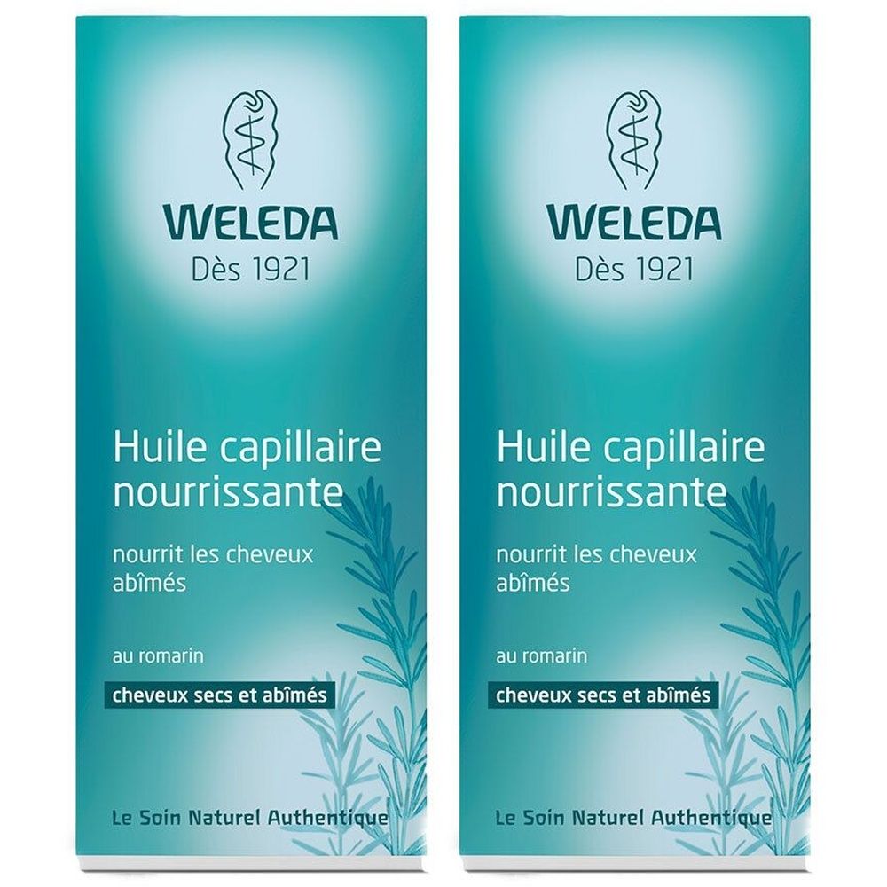Deux flacons de Weleda Huile capillaire nourrissante. Inscription : nourrit les cheveux abîmés, au romarin, cheveux secs et abîmés.