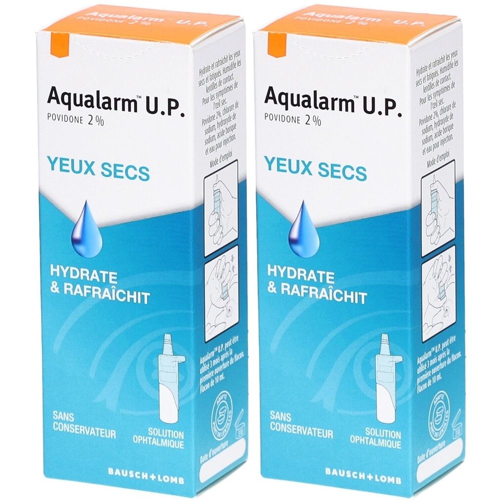 Deux boîtes Aqualarm U.P. pour yeux secs. Goutte bleue. Texte: Hydrate & Rafraîchit, Sans Conservateur, Bausch + Lomb.