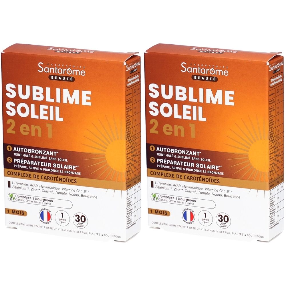 Deux boîtes orange. Inscription: Sublime Soleil 2 en 1, Autobronzant, Préparateur Solaire. Marque: Santarome.