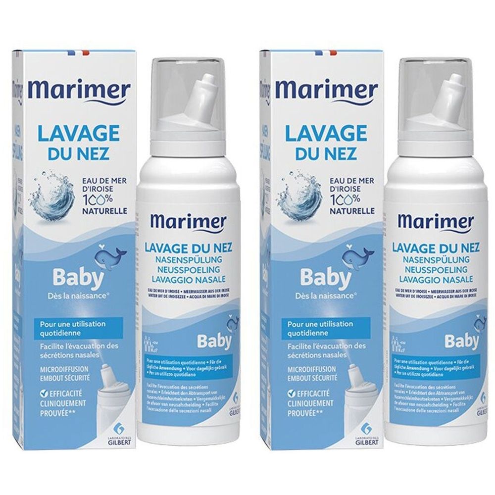Plusieurs flacons et emballages de Marimer Baby Hygiène nasale. Emballage bleu et blanc avec nom du produit et logo bébé.