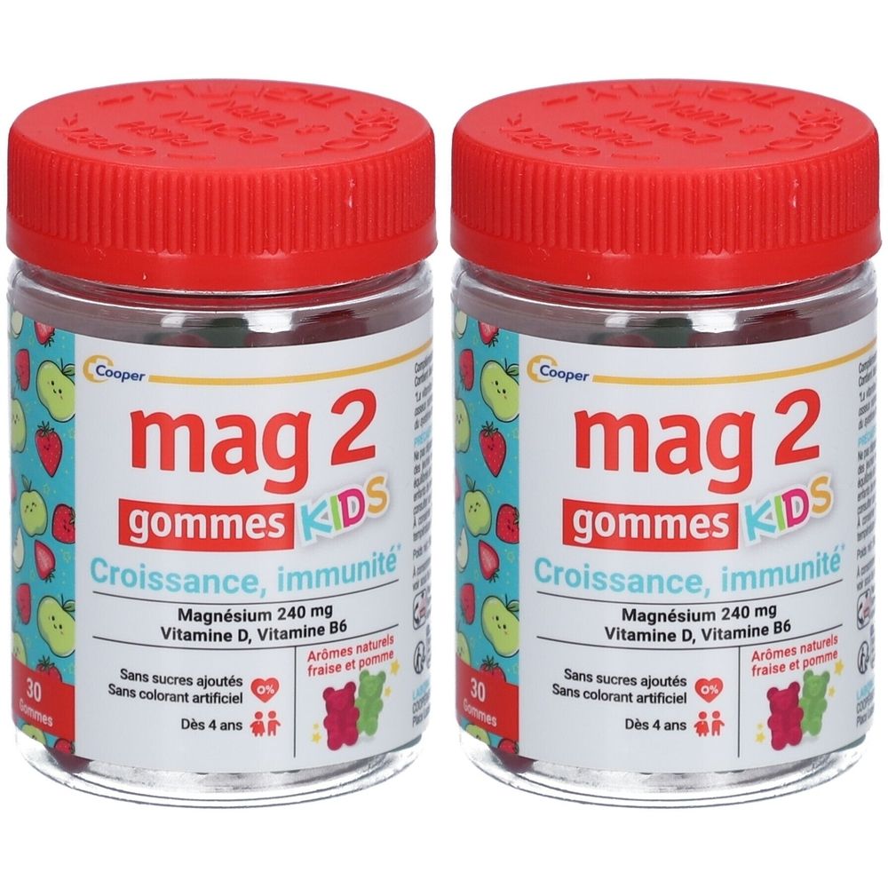 Deux flacons en verre avec couvercles rouges. Inscription: mag 2 gommes KIDS, Croissance, immunité. Contient magnésium, Vitamine B6 et D. 30 gommes.