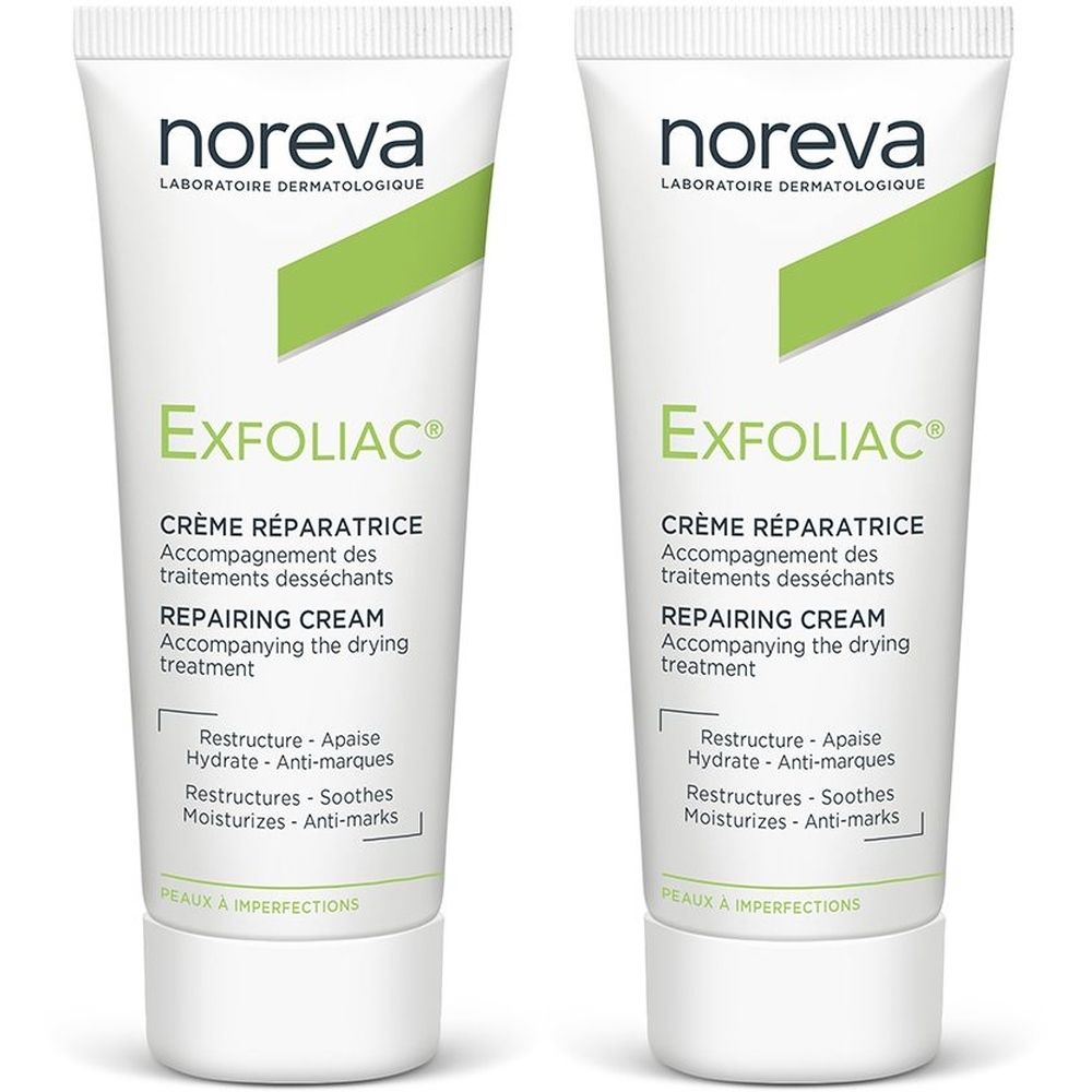 Deux tubes de crème réparatrice Noreva Exfoliac. Tubes blancs avec accents verts et inscriptions. Nom du produit et description imprimés.
