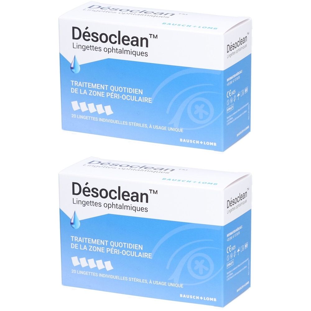 Deux boîtes de lingettes ophtalmiques Désoclean. Emballage bleu et blanc avec nom du produit et texte. Marquage CE.