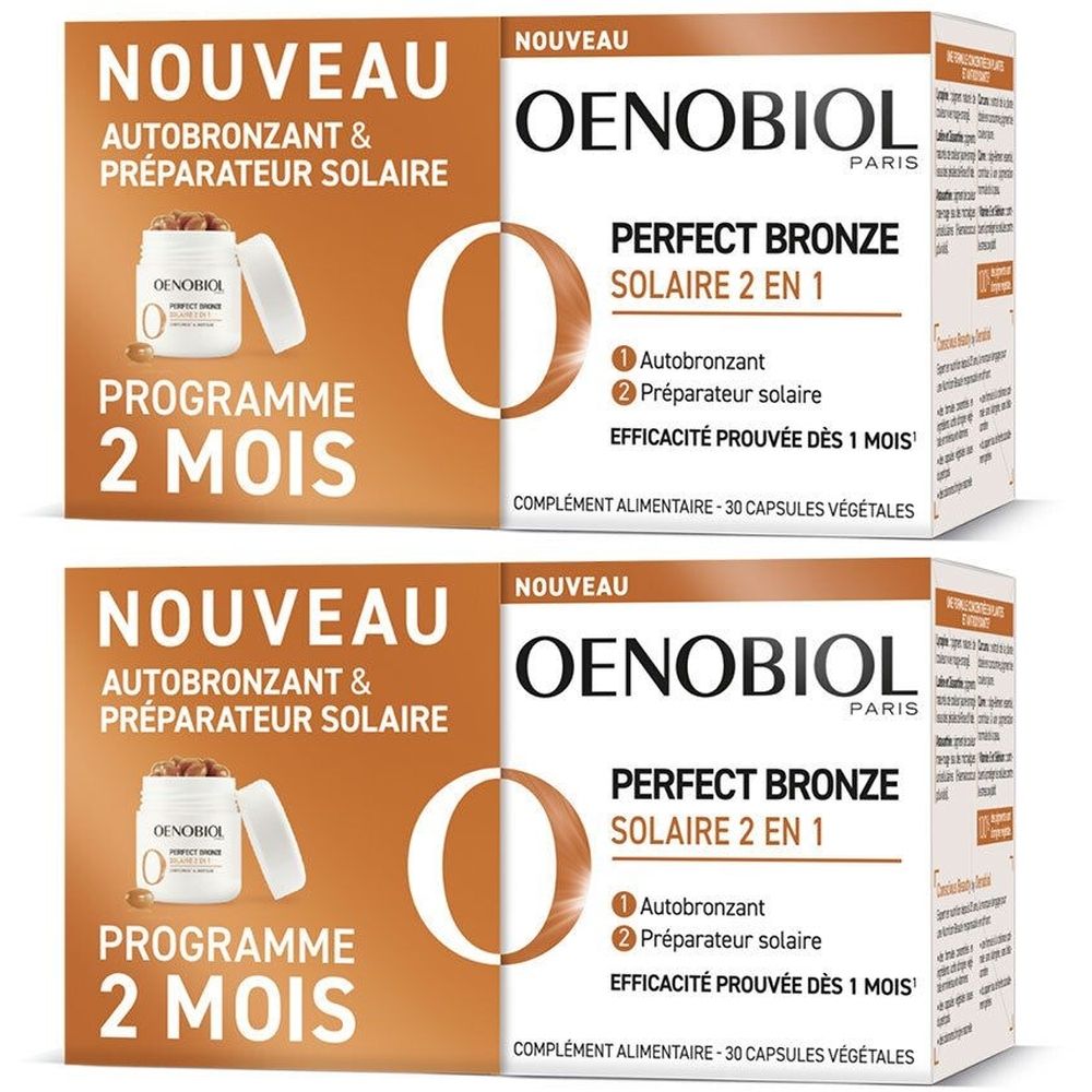 Deux boîtes Oenobiol Perfect Bronze Solaire 2 en 1. Inscription: Autobronzant & Préparateur solaire, Programme 2 mois. 30 capsules.