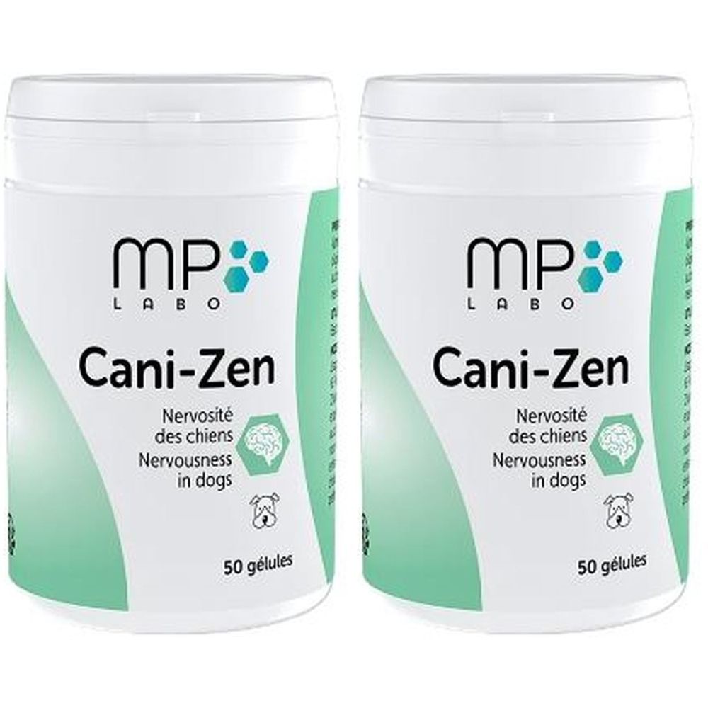 Deux boîtes blanches avec couvercles. Inscription: MP Labo, Cani-Zen, Nervosité des chiens, 50 gélules.