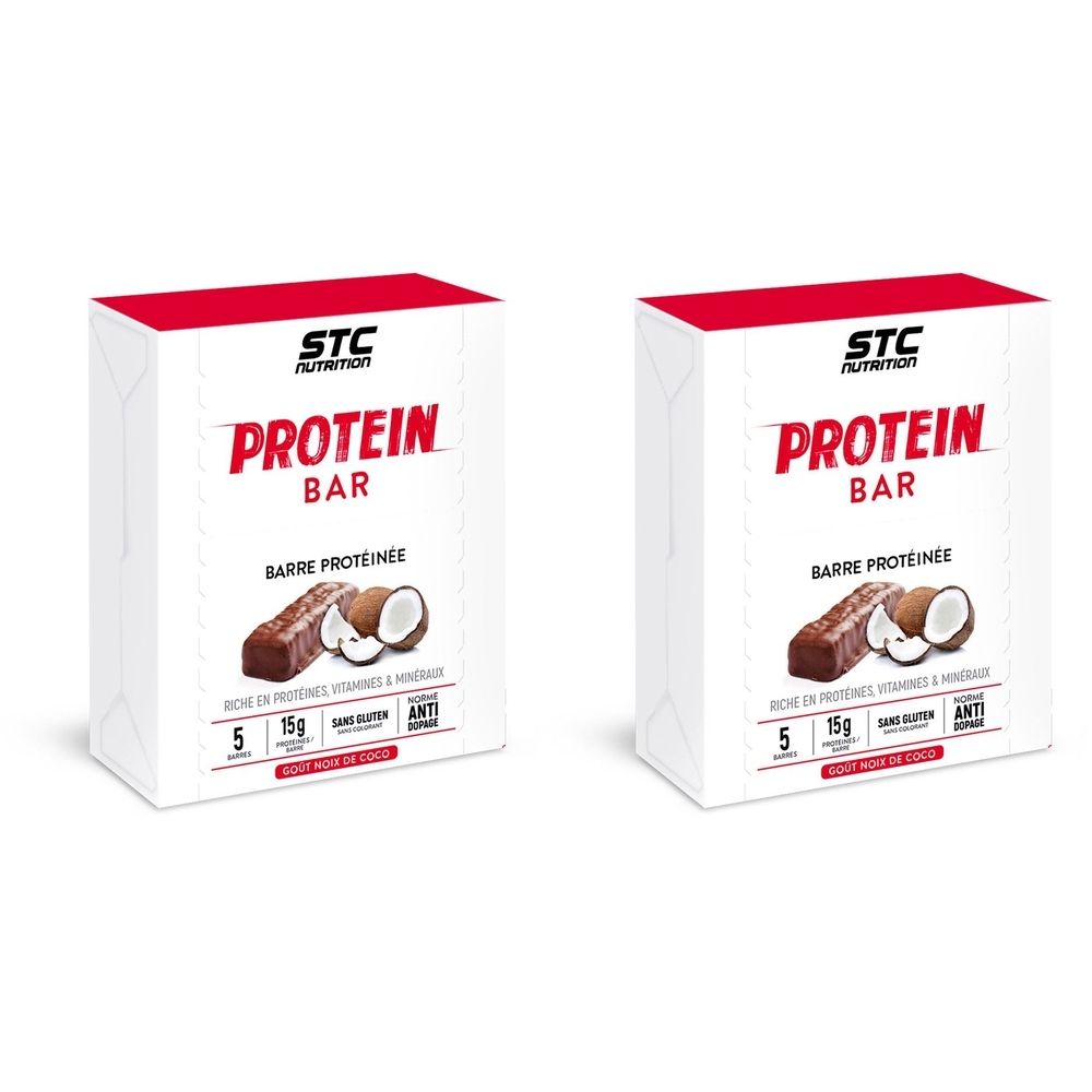 Deux boîtes de barres protéinées. Inscription : STC Nutrition, Protein Bar, Barre Protéinée. Illustration barre et noix de coco. Texte : 5, 15g, sans gluten.