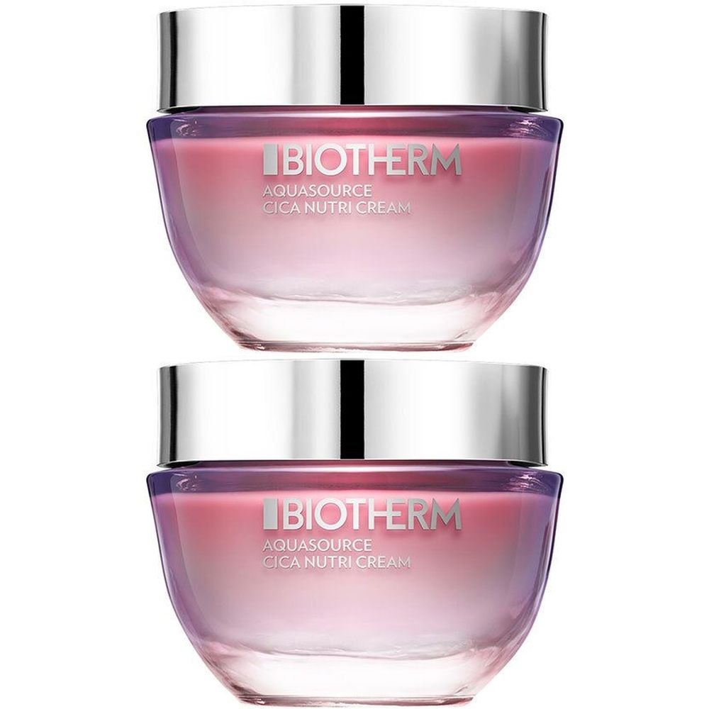 Deux pots de crème BIOTHERM Aquasource Cica Nutri. Pots en verre avec couvercles argentés. Crème rose visible.