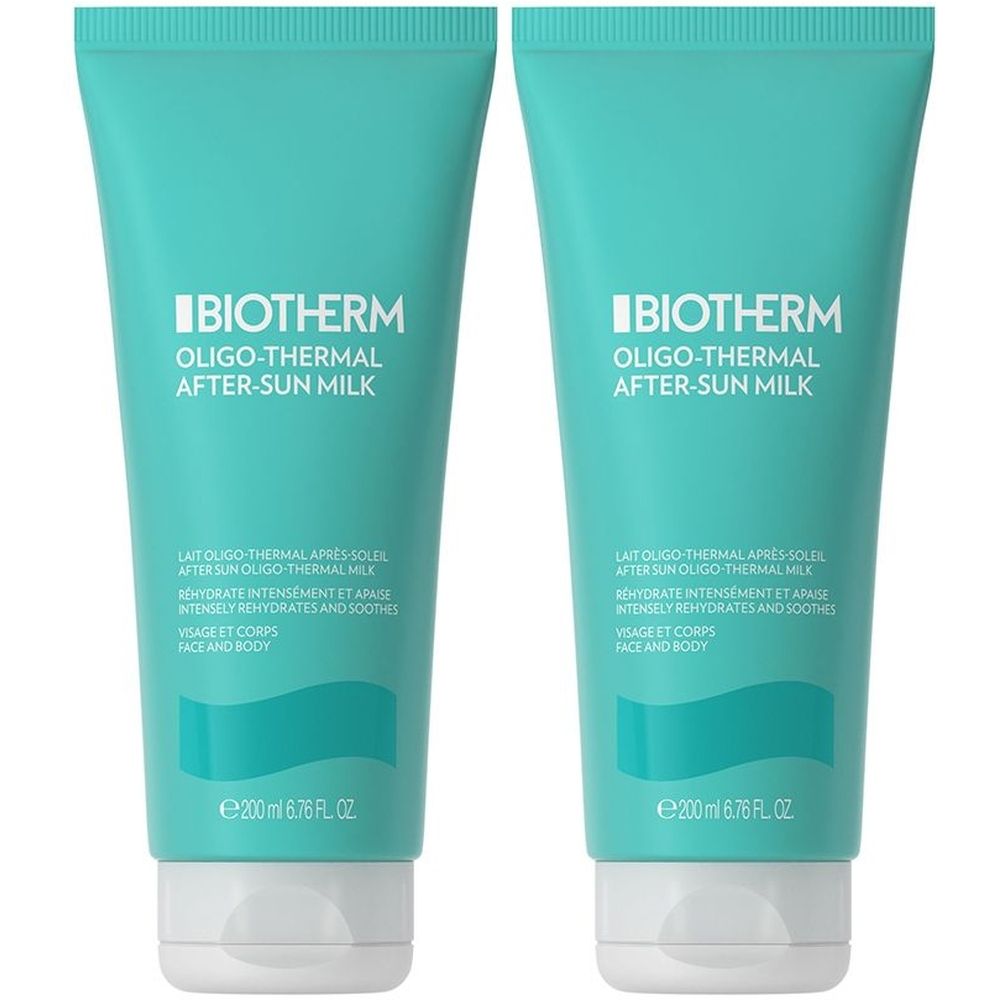 Deux tubes turquoise de BIOTHERM Lait Après-Soleil. Inscription : OLIGO-THERMAL, After-Sun Milk. Texte : Visage et corps. Bouchon blanc.