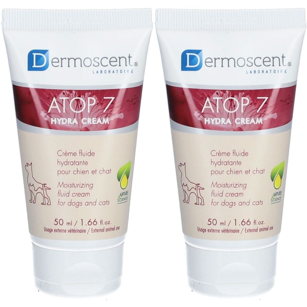 Deux tubes de crème pour chiens et chats. Inscription: Dermoscent, ATOP 7 Hydra Cream. Contenu: 50 ml.