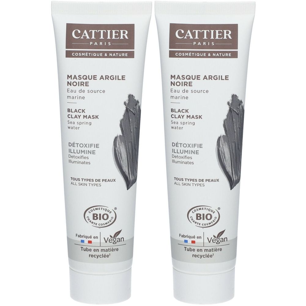 Deux tubes de masque à l'argile noire. Inscriptions : CATTIER, certification BIO, Vegan. Texte en français et anglais.