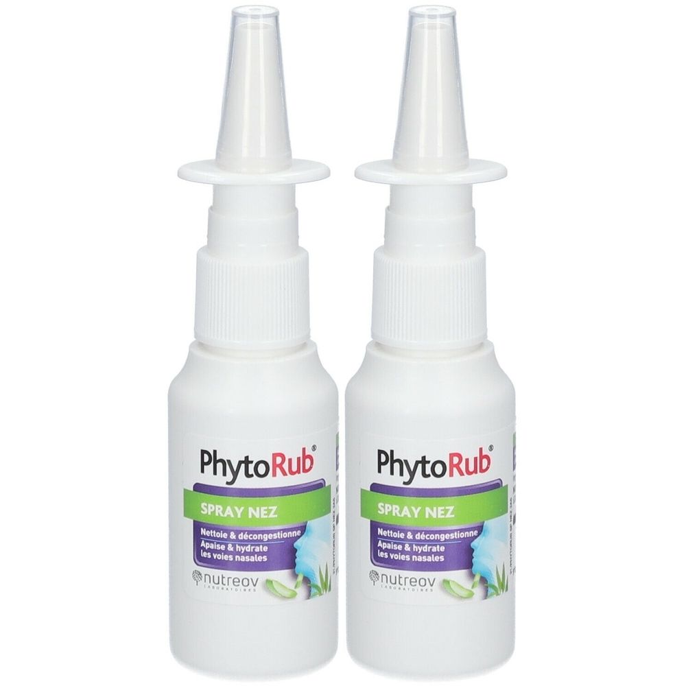 Deux flacons spray blancs avec embout blanc. Inscription: PhytoRub Spray Nez. Étiquette verte et violette avec informations.