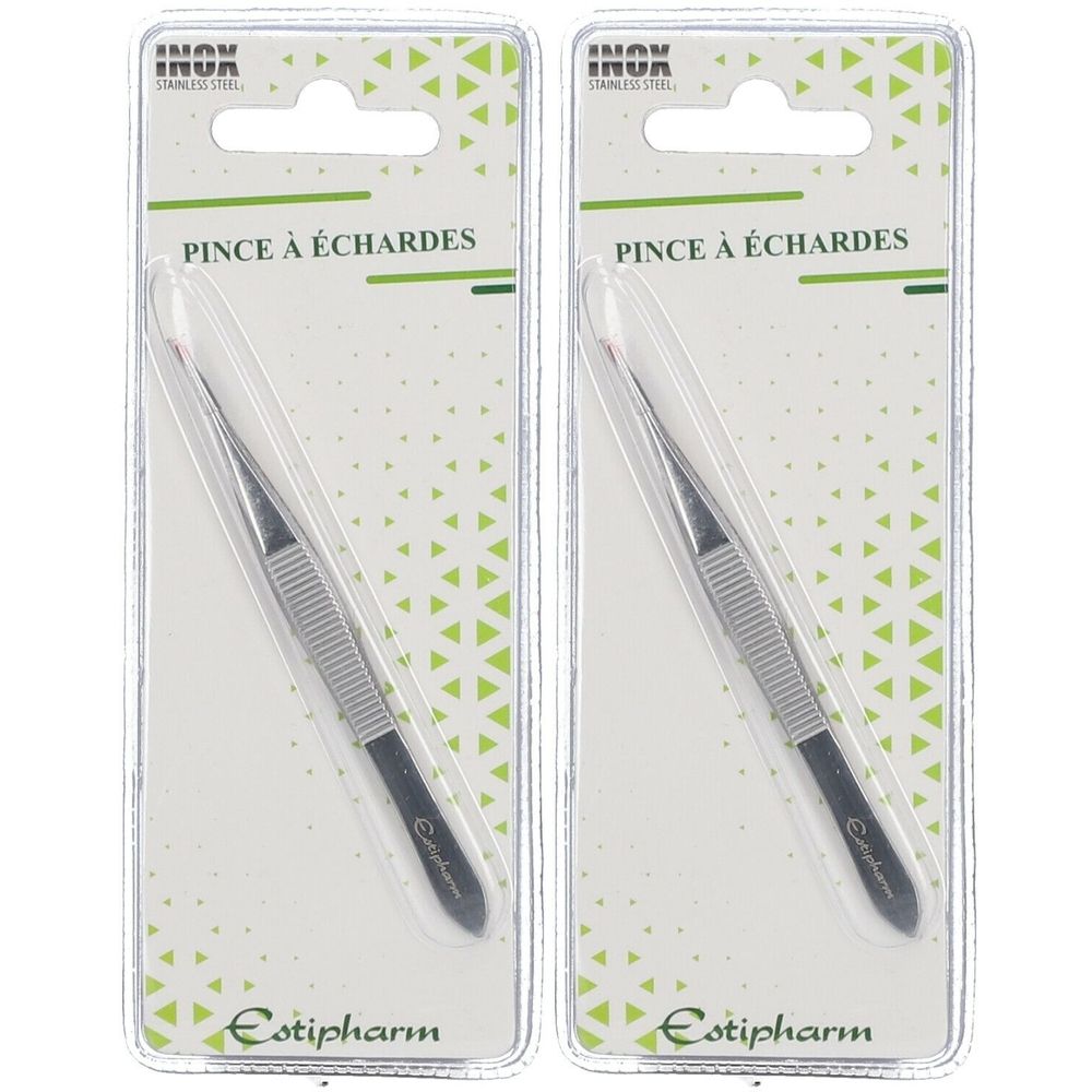 Deux pinces à échardes en emballage blister. Marque Estipharm. Inox. Texte: Pince à échardes.