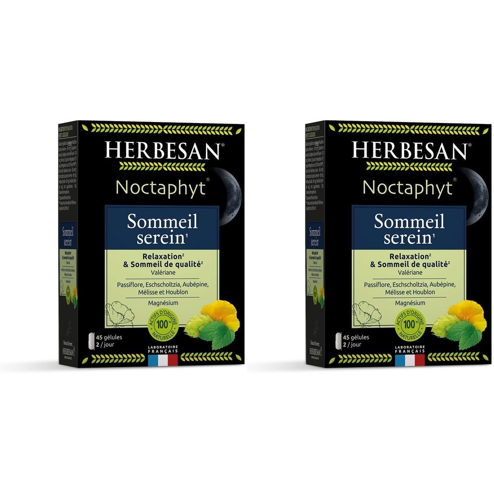 Deux boîtes Herbesan Noctaphyt. Emballage noir avec nom du produit, symbole de lune et accents verts. Certification laboratoire français.