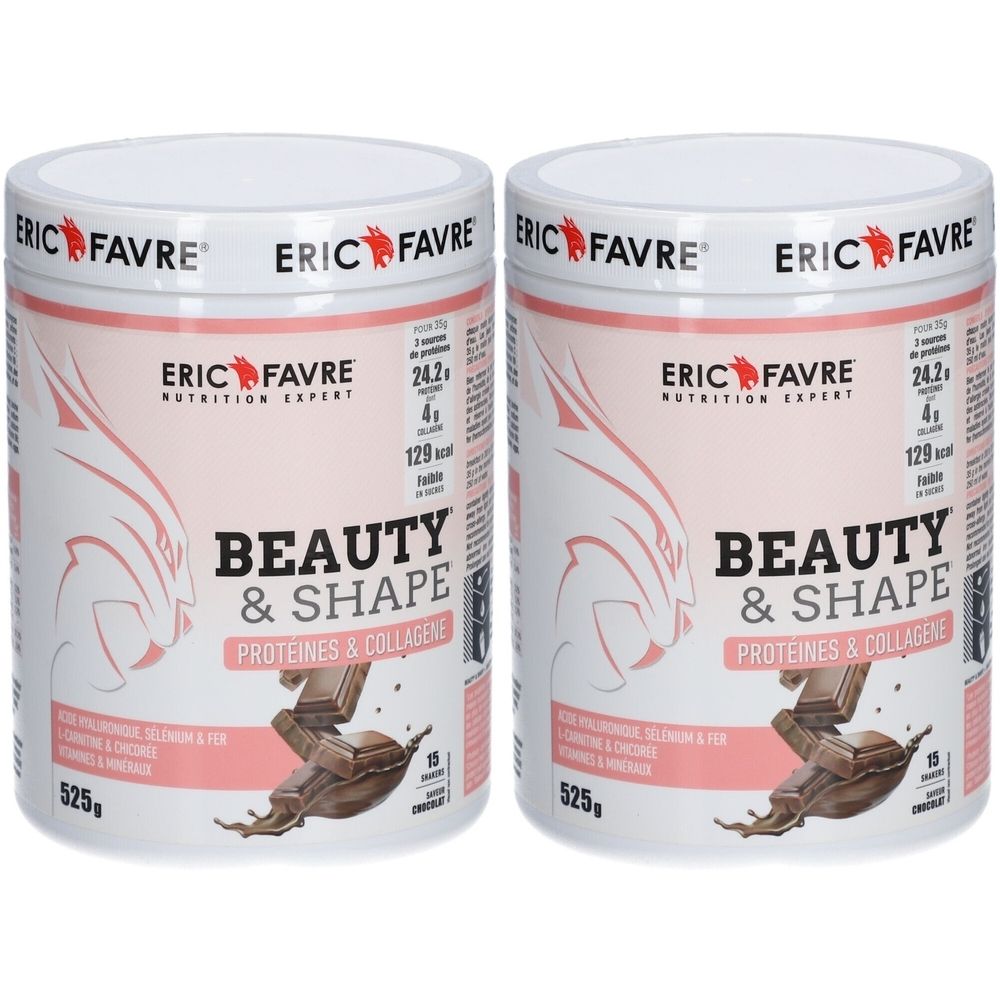Deux boîtes blanches avec étiquettes roses. Inscription : ERIC FAVRE, BEAUTY & SHAPE, Protéines & Collagène. Illustration de chocolat.