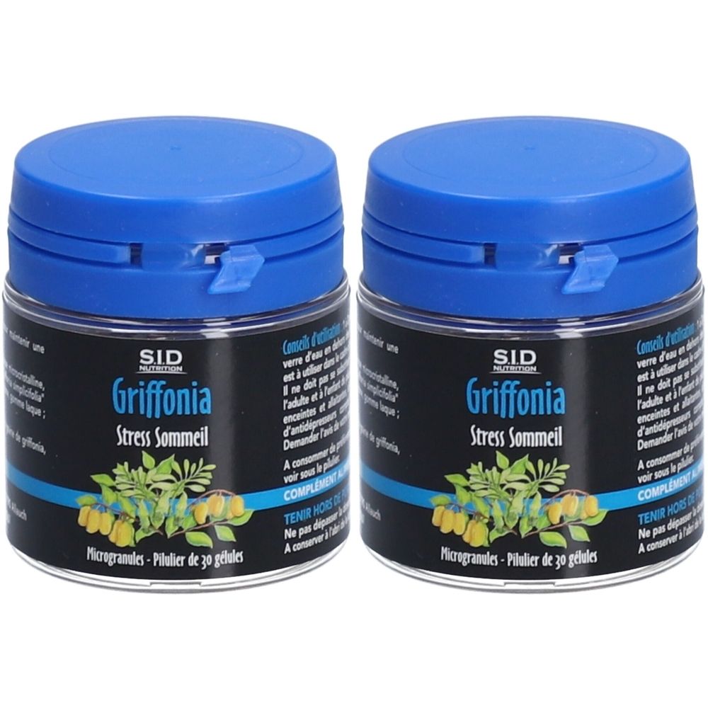 Deux boîtes bleues avec étiquette noire. Inscription: SID Griffonia Stress Sommeil. Microgranules-Pilulier de 30 gélules.