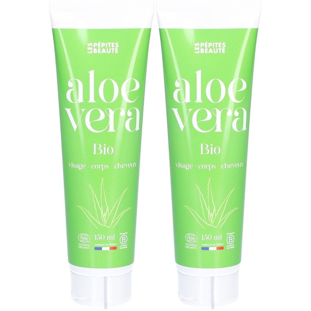 Deux tubes verts avec texte blanc : Aloe Vera Bio. Inscription : visage, corps, cheveux. En bas : 150 ml.