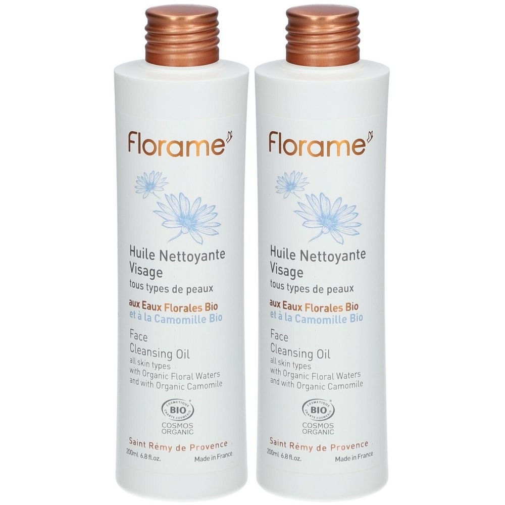 Deux flacons blancs avec bouchons marron. Inscription : Florame, Huile Nettoyante Visage, certification Bio.