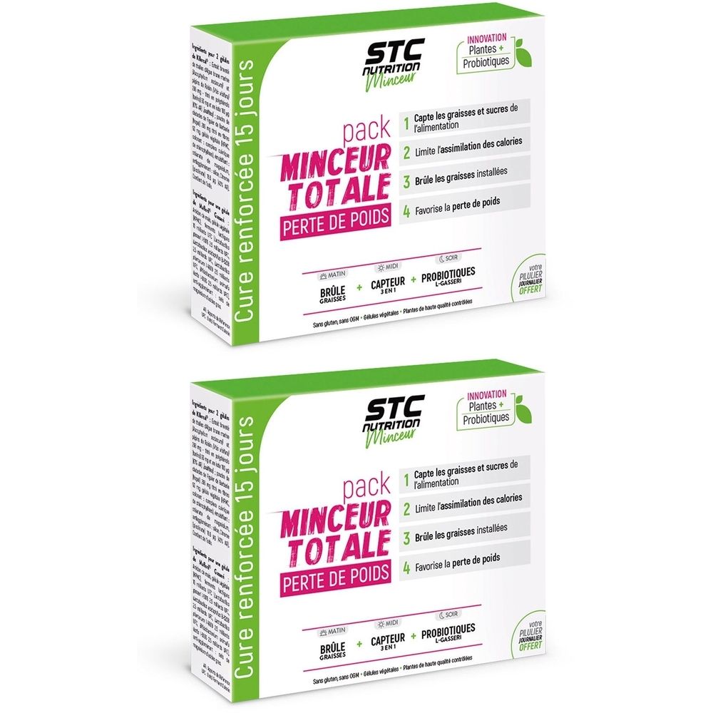 Deux boîtes STC Nutrition Pack Minceur Totale. Inscription : Minceur Totale, Perte de Poids. Contient des informations et un logo.
