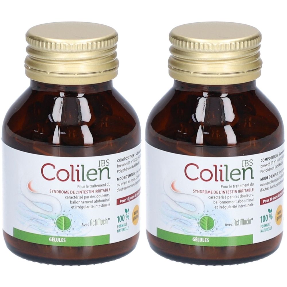 Deux flacons en verre brun avec des bouchons dorés. Les étiquettes indiquent "Colilen IBS" et des informations sur le traitement du syndrome du côlon irritable.