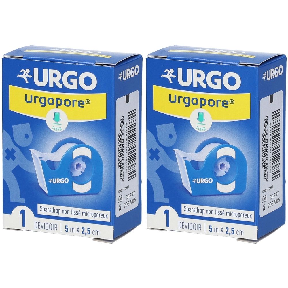 Deux boîtes de sparadrap URGO Urgopore®. Emballage bleu avec illustration du produit et indication de taille : 5 m x 2,5 cm.